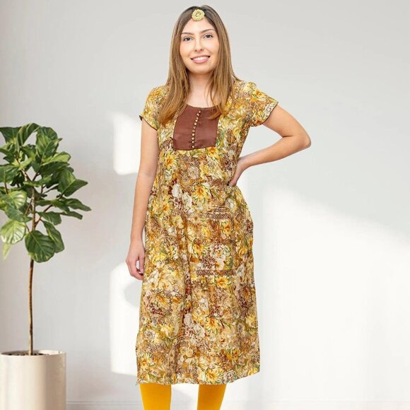 Brown and Cream Knee-Length Kurta | Muvvas Boutique - Picture 1 of 3